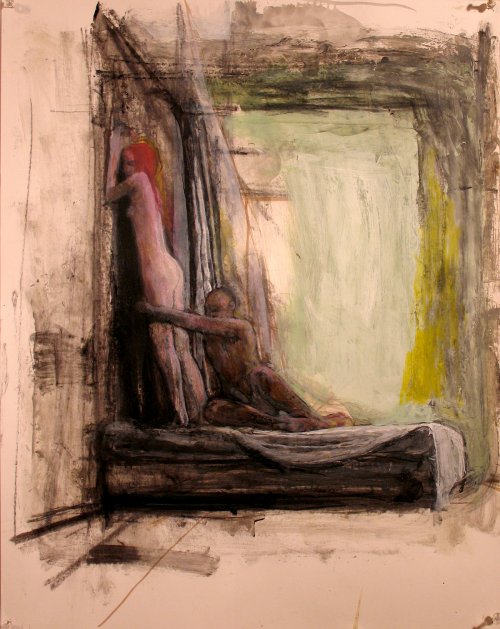 against the wall